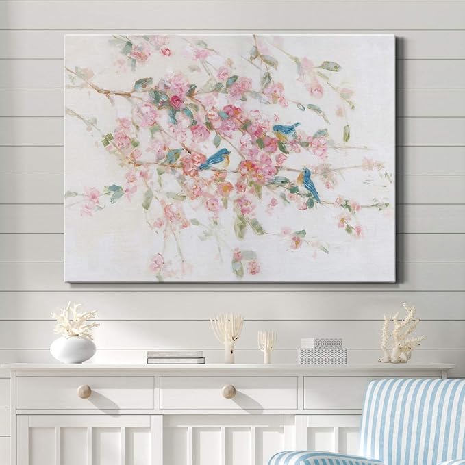 Renditions Gallery Canvas Nature Wall Art Modern Paintings & Prints Decor Romantic Blossomed Bluebirds Abstract Botanical Wall Hanging Artwork for Bedroom Office Kitchen - 24"x36" LT33