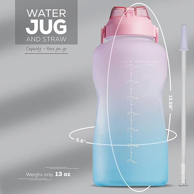 Motivational Water Bottle with Straw & Handle,One Gallon Water Bottle 128 oz/3.8L,Reusable Water Jug, Achieve All-Day Hydration SpillProof, BPA FREE