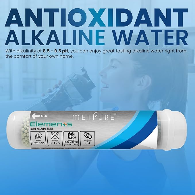 Elements Inline Antioxidant Alkaline Water Filter 11" x 2.5" with 1/4" Quick Connects Replacement or Add-on for pH Balance and Restore Minerals in Reverse Osmosis RO System