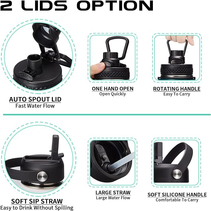 Stainless Steel Flask Water Bottle - 32oz/40oz/64oz Insulated Water Bottle with Straw & Spout Lids, Paracord Handle, Strap Sleeve, Protective Cup Mat, Wide Mouth Hydro Thermo Bottle Sports Office