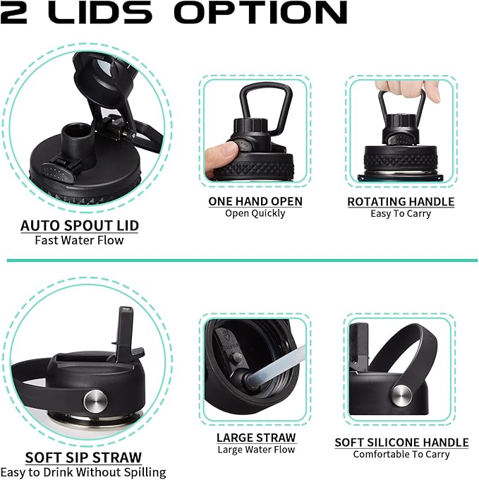 Insulated Stainless Steel Water Bottle - 32oz 40oz 64oz Water Bottles with Straw & Spout Lids, Paracord Handle and Carrier Pouch, Workout Water Flask Bottle for Women Men Sport Outdoor Activities