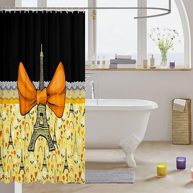 Feelyou Eiffel Tower Shower Curtain 72"x78" Kids Romantic Paris Bowknot Bathroom Shower Curtain Set for Boys Girls Teens Black Yellow Bath Curtain Modern French Bathroom Accessories