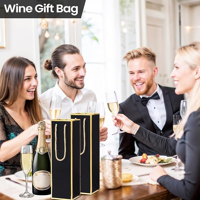 ISKYBOB 10 Packs Wine Gift Bag with Handle, Single Bottle Bags for Wine Kraft Paper Wine Bottle Gifts Box Reusable Gold Foil Gift Wine Bag for Housewarming, Business Dinner, Birthday Party (Black)