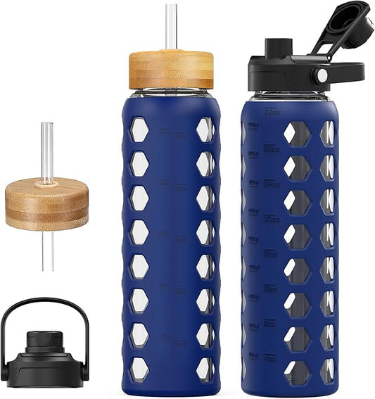 MUKOKO Glass Water Bottles, 32oz Glass Tumbler with Straw, Drinking Bottles with 2 Lids-Handle Spout Lid&Bamboo Straw Lid, Motivational Water Bottle with Time Marker and Silicone Sleeve, 1 Pack-Blue