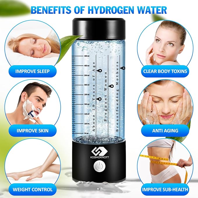 Marked Hydrogen water bottle generator Hydrogenius by Kosmoknott | 3500 ppb Hydrogen Water Machine with Clear Markings | Improves Sleep & Skin, Fast Charging, Leak-Proof Design