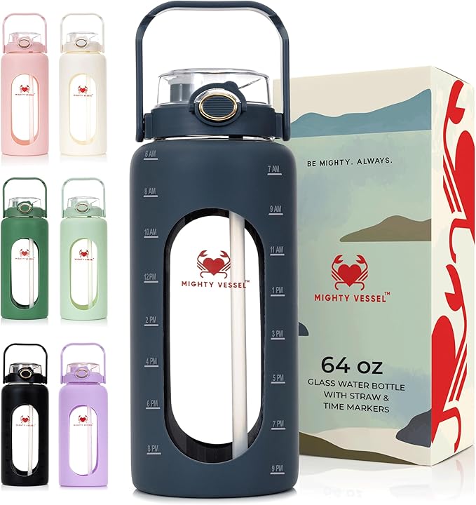 64oz Glass Water Bottle | Blue Water Bottle with Straw & Time Marker | Half Gallon Water Bottle with Measurements & Silicone Sleeve | Suitable for Travel, Gym, Sports & Daily Intake