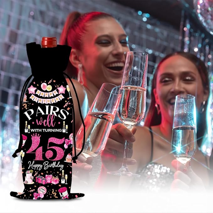 45th Birthday Gifts for Women Men Wine Bag, 45 Year Old Birthday Gifts for Men, Happy 45th Birthday Party Decorations for Women Men, Pairs Well with Turning 45 Wine Bottle Bags (Black Pink)