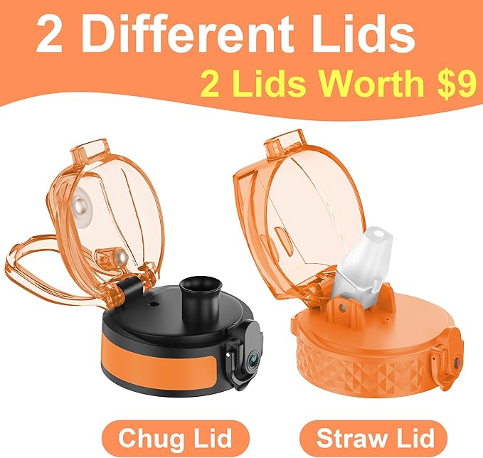 OLDLEY Kids Water Bottle for School with Straw Chug Lid, 15 oz Unbreakable Leak-Proof BPA-Free Motivational Water Bottles with Time Marker for Travel Sports Gym, 2 Lids, Orange/Green