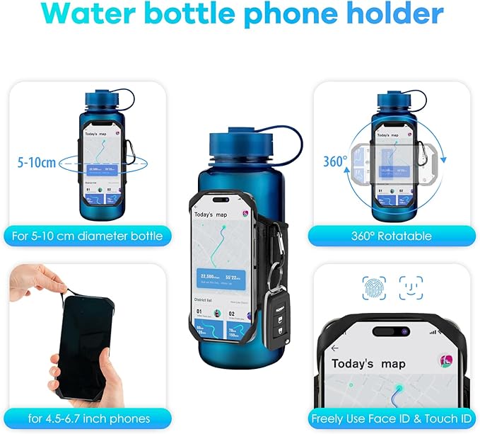 Mobile Water Bottle Strap, Water Bottle Holder for Mobile Phone, 360° Rotatable & Removable Mobile Phone Water Bottle Bag, Gym Water Bottle Accessory for 4.5-7 Inch Mobile Phone & 18-40 oz