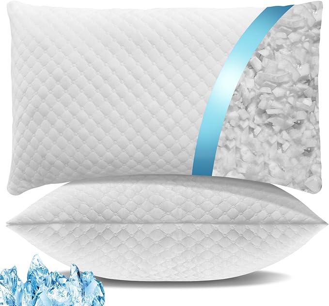 Shredded Memory Foam Pillows, Bed Pillows Standard Size Set of 2, Cooling Pillows for Sleeping, Adjustable Firm Pillows for Side Back and Stomach Sleepers, Bed Pillows with Washable Removable Cover