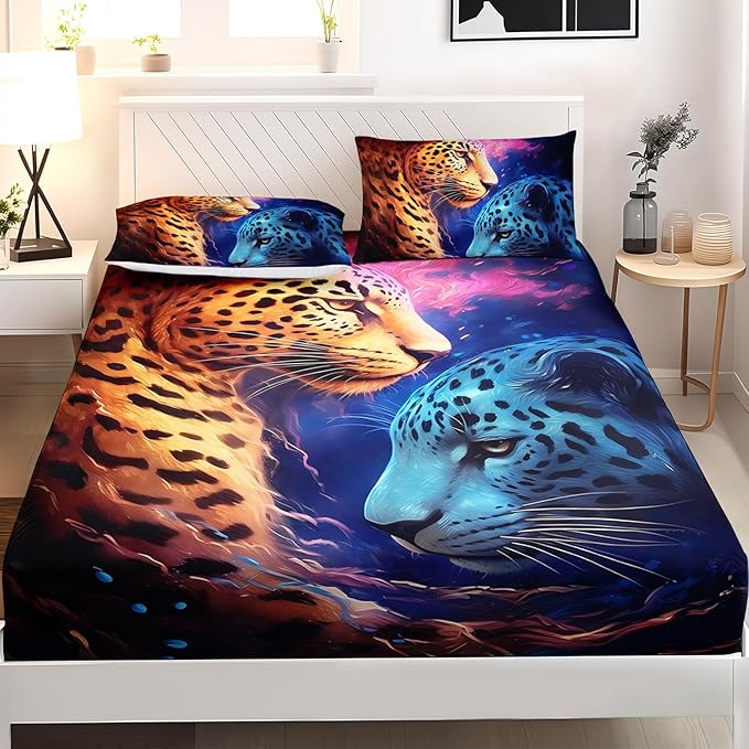 AILONEN Leopard Print Fitted Sheet Set Twin XL Size,Safari Wildlife Cheetah Bed Sheet Set TwinXL Size for Boys Kids,3 Pieces Animal Leopard TwinXL Fitted Sheet with 2 Pillowcases Decor