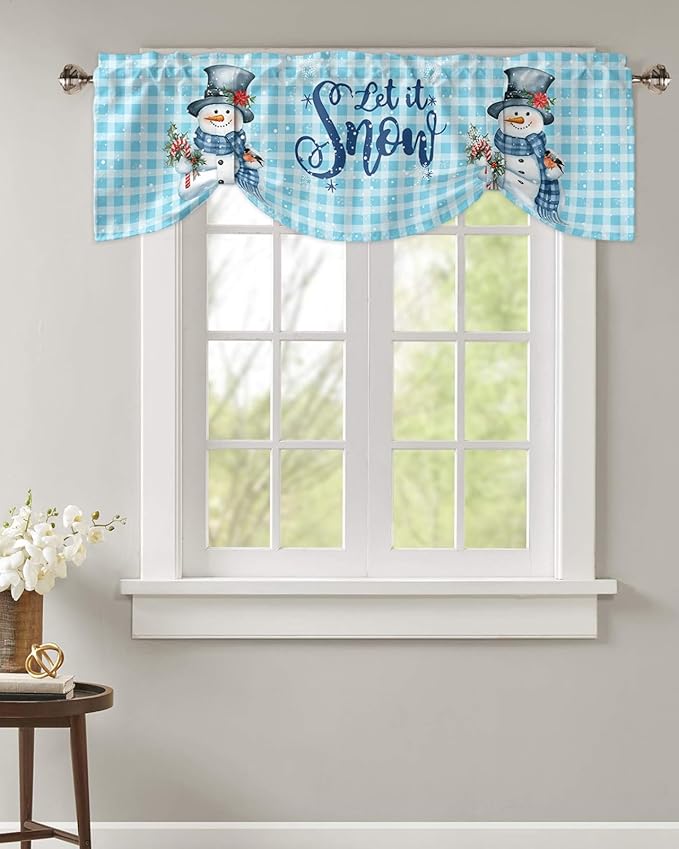 Snowman Christmas Blackout Tie Up Valance Curtains for Kitchen Windows Let It Snow Winter Holiday Window Toppers Balloon Shades for Living Room/Bath/Bedroom,1 Panel, 42" X 18",Blue White Buffalo Plaid