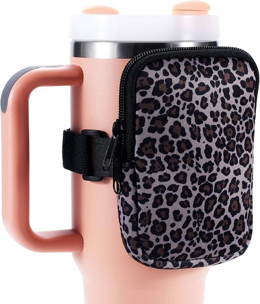 Water Bottle Pouch Cup Accessories for Women Quencher Adventure IceFlow 20oz 30oz 40oz Tumbler Pouch with Handle Running Pouch Bag for Cards Keys(Leopard)