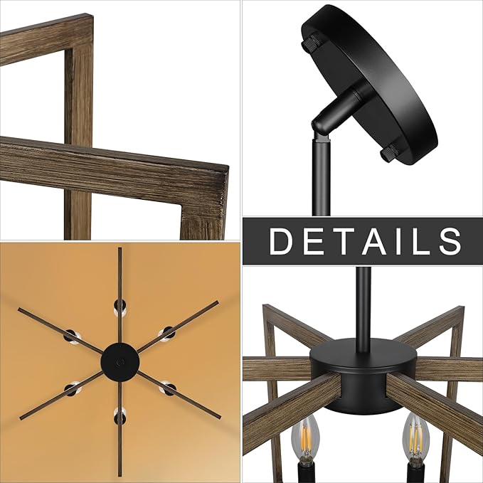 6-Light Modern Farmhouse Pendant Lights for Kitchen Island, Vintage Geometric Dining Room Lighting Hanging, Industrial Chandelier for Hallway Foyer, Retro Wood Texture and Black Finish