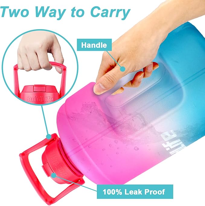 QuiFit 1 Gallon Water Bottle - with Straw & Motivational Time Marker Leak-Proof BPA Free Reusable Gym Sports Outdoor Large(128OZ) Capacity Water Jug(Pink/Blue Gradient,1 Gallon)