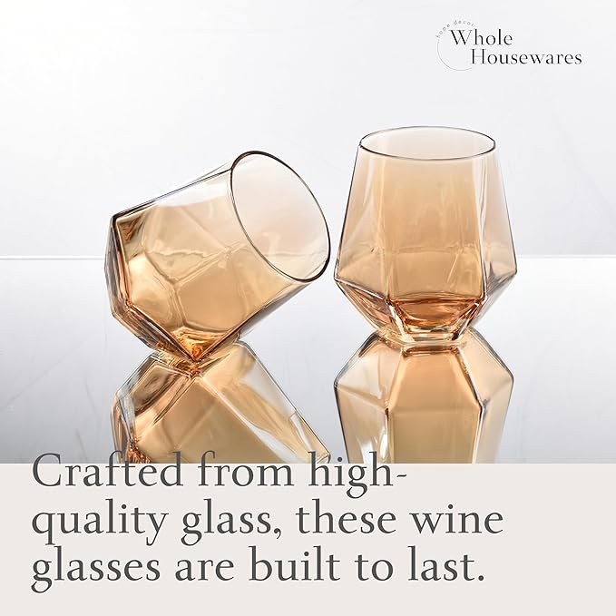 WHOLE HOUSEWARES Gold Diamond Inspired Wine Glasses Set of 5 - Red and White Wine Glasses - Large Bulbous Crystal Glass - Modern Diamond Wine Carafe with Cork Ball - Valentines Day Gifts