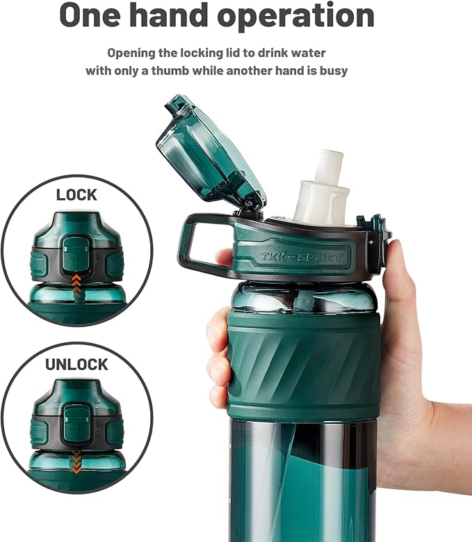 TKK 15oz Sports Water Bottles with Removable Straw Durable BPA Free Tritan Bottles Leak-Proof Water Bottles for School, Fitness, Gym, Outdoor, Green