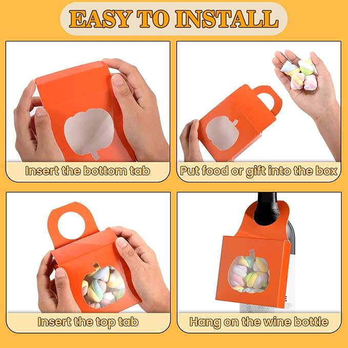 Megitzuu 30PCS Wine Bottle Box with Window, Kraft Paper Wine Boxes for Halloween Gifts Hanging Pumpkin Treat Box Mini Charcuterie Boxes Wine Bottles Gift Bags Goodies Candy Box Party Favor (Orange)