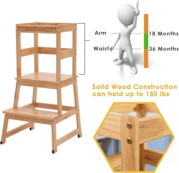 Kitchen Step Stool for Toddlers and Kids with Safety Rails for Kitchen Counter Solid Wood (Natural)
