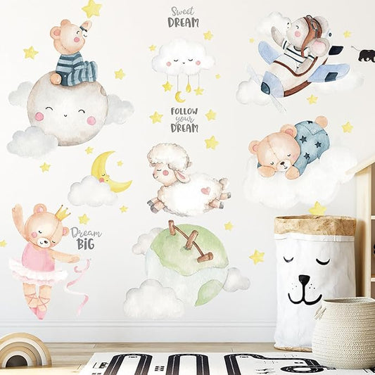 Animal Wall Sticker Clouds Bear Sheep Moon Wall Decals Children DIY Art Decal for Living Room TV Sofa Background Bedroom Kids Room Nursery