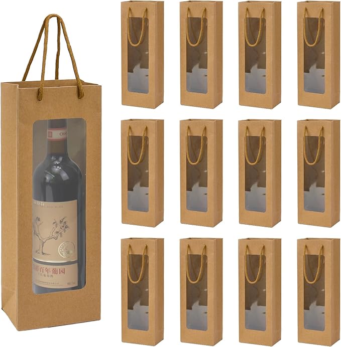 Ssyuysto 12 Pcs Wine Gift Bag with Window, 12 Pack 4.9"x3.34"x 14.1" Tall Paper Wine Bags for Wine Bottle, Brown Gift Bag for New Year Birthday Housewarming Dinner Party