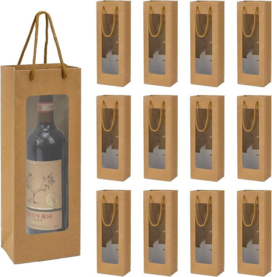 Ssyuysto 12 Pcs Wine Gift Bag with Window, 12 Pack 4.9"x3.34"x 14.1" Tall Paper Wine Bags for Wine Bottle, Brown Gift Bag for New Year Birthday Housewarming Dinner Party