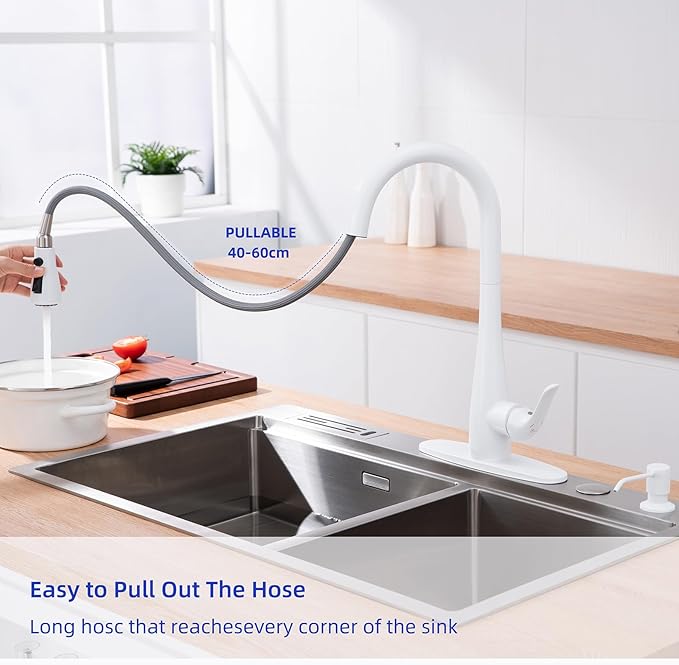 Kitchen Faucet with Soap Dispenser and Pull Down Sprayer - Stainless Steel Single Handle Kitchen Sink Faucet, 1 or 3 Hole Design for Modern Farmhouse Kitchens, Rv, and Bar Sinks(White)