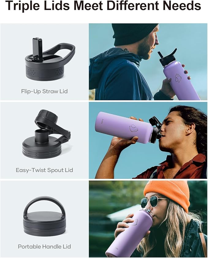 BUZIO Water Bottle with Straw lid, Spout Lid, Hand Lid and Carrying Pouch, 32oz 40oz 64oz Stainless Steel Water Flask Jug, Cold for 48 Hrs Hot for 24 Hrs Double Vacuum Thermo Canteen Mug, BPA-Free