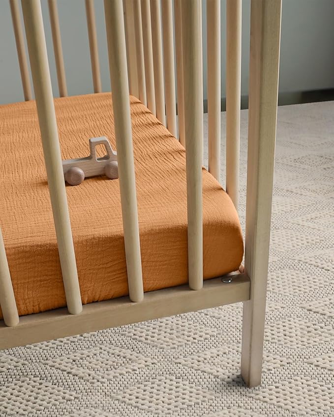 Blissful Diary Muslin Mini Crib Sheets, Pack and Play Mattress Sheets Fitted for Pack N Play, Soft Cotton for Boys Girls, 2 Pack(Retro Yellow&Beige)