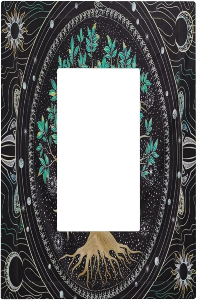 Tree of Life Blackground 1 Gang Rocker Light Switch Plate Hippie Sun Moon Star Single Decora Outlet Wall Plate Cover Faceplate Decorative Switchplate GFCI for Bathroom Bedroom Living Room Decorate