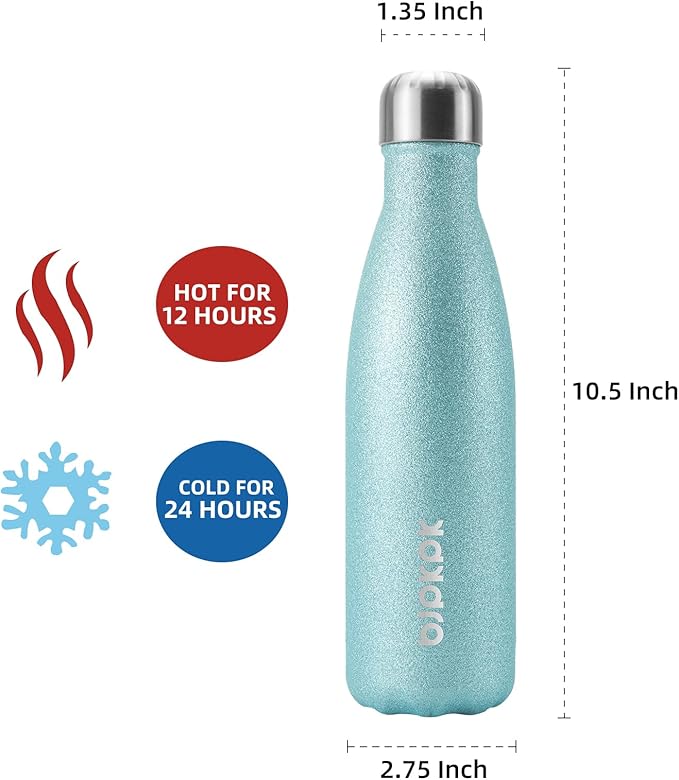BJPKPK Insulated Water Bottles -17oz/500ml -Stainless Steel Water Bottles,Sports Water Bottles Keep Cold for 24 Hours and Hot for 12 Hours,BPA Free Water Bottle,Glitter Ice Blue