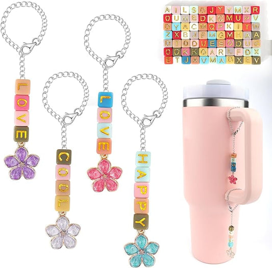 Mity rain 4 Pack Letter Charm Accessories for Stanley Cup, 4 PCS Charm Chains and 400PCS DIY Letter Beads, Letter Handle Charm Designed for Stanley Tumbler Handle Decorations (Silver)