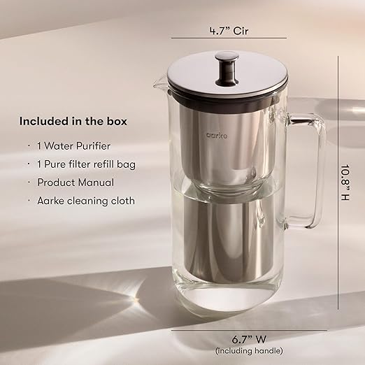 aarke Purifier Glass Water Pitcher, Refillable Stainless Steel Filter, 8-Weeks Performance, BPA-Free, Dishwasher Safe, Pure & Enriched Refill Granules, 1.18L (5 Cups) Capacity