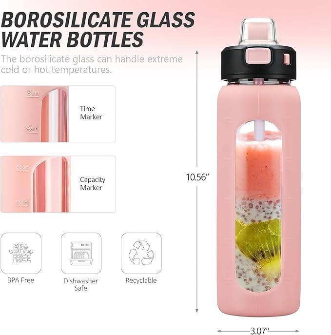 Kodrine Water Bottle With Straw and Carry Handle, Glass Water Bottle 24 oz Leak Proof Locking Lid with Soft Silicone Spout, Small Clear Water Bottle, Travel Sports Water Jug, Time Marker, Pink