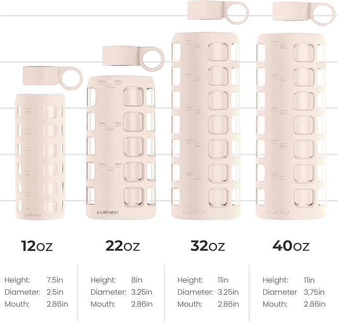 purifyou Premium 40/32 / 22/12 oz Glass Water Bottles with Volume & Times to Drink, Silicone Sleeve & Stainless Steel Lid Insert, Reusable Bottle for Fridge Water, Milk, Juice (22oz Hazelnut)
