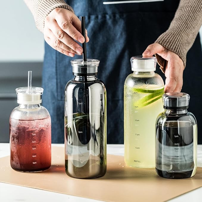 Glass water bottle With Time Marker -24oz with 2 caps and straw,Reusable Glass Drinking Bottles，Suitable For Drinks, Juices, Sodas, Coke, As Gifts Etc (Smoky 24oz*2pcs)