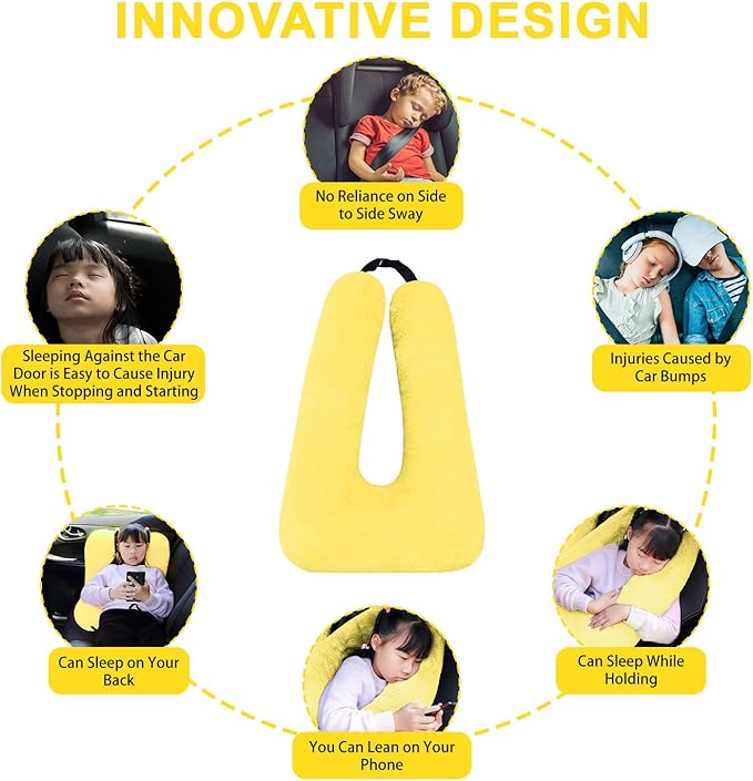 Travel Pillow, Travel Pillow for Kids, Sleeper Hold Pillow Travel, Removable U-Shaped Pillow for Adults and Children to Support Head and Body in The Back Seat of Long Car Trips (Yellow)