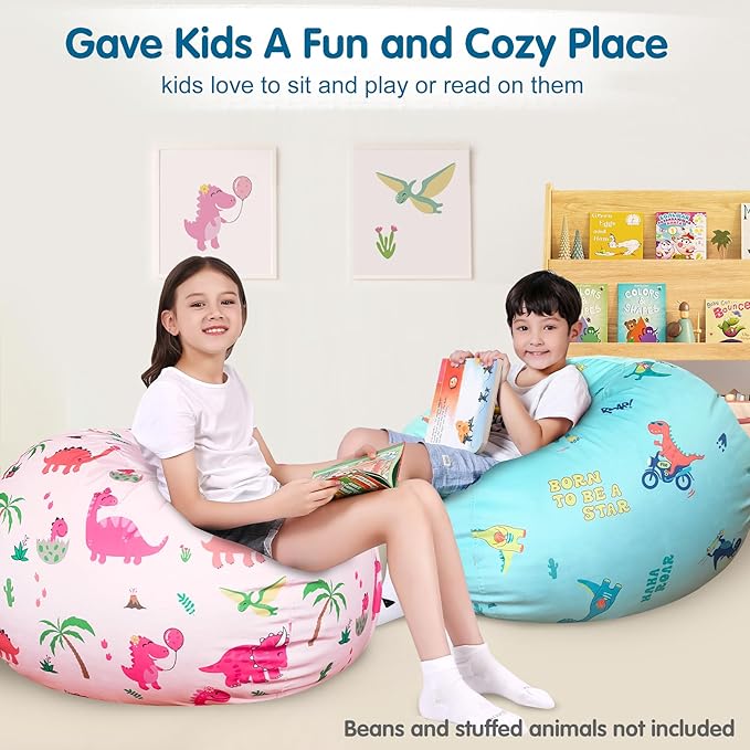 Lukeight Stuffed Animal Storage Bean Bag Chair Cover for Kids, Dinosaur Zipper Beanbag Chair Cover for Organizing Toddler and Kids' Rooms Plush Toys (Dinosaur Blush, Large)