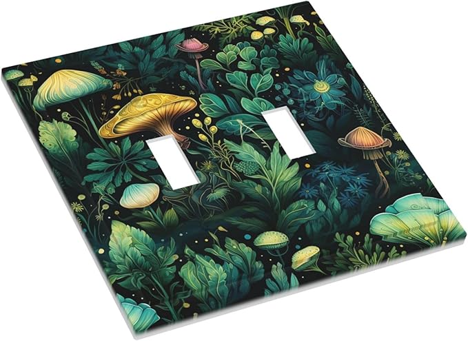 Green Dark Forest Mystical Mushroom Double Toggle Light Switch Covers 2 Gang Wall Plate Dual Decorative Switchplate Electrical Faceplate for Country Bathroom Bedroom Kitchen Decor