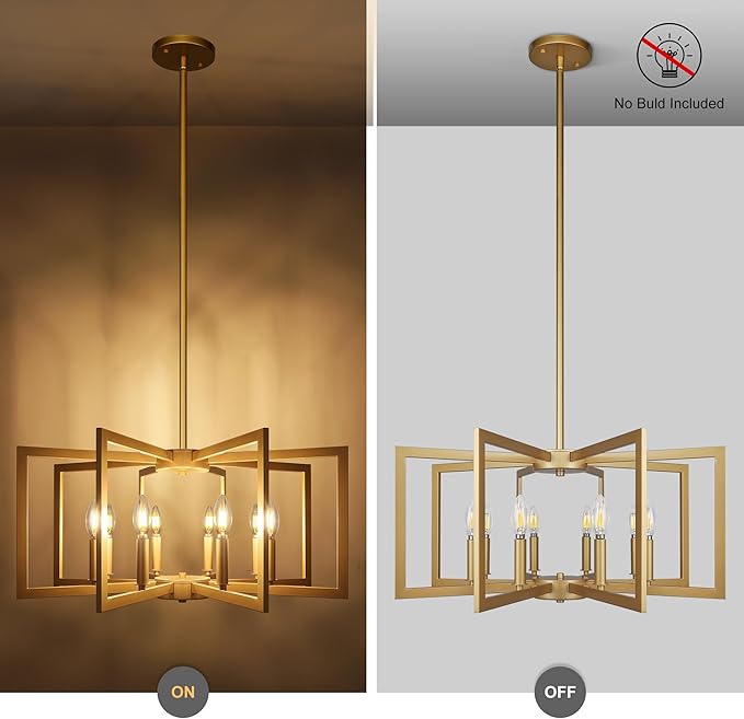 8-Light Modern Farmhouse Gold Geometric Chandelier, Large Industrial Metal Kitchen Light Fixtures, Rustic Cage Hanging Lights for Dining Room Entryway Foyer Living Room Stairway