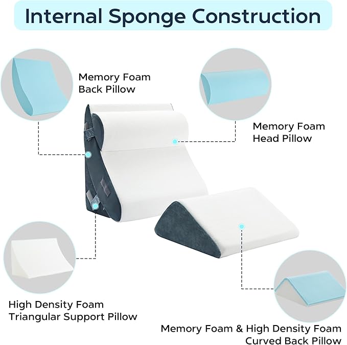 4pcs Orthopedic Bed Wedge Pillow for Sleeping, Memory Foam Pillows Set for Post Surgery, Back and Leg Pain Relief, Triangle Adjustable Support Pillow with Travel Bag