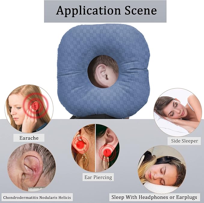 Ear Piercing Pillow for Side Sleepers, Pillow with an Ear Hole for CNH and Ear Pain Ear Inflammation Pressure Sores, O-Shaped Side Sleeping Pillow, Ear Guard Pillow (Blue)