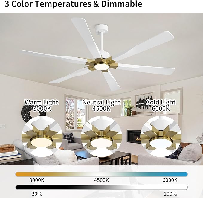 68 Inch Ceiling Fan with Lights and Remote Control, 6 Reversible ABS Blades, 6-Speed Noiseless DC Motor with 4.5" / 12" / 24" Downrods for Bedroom Dining Living Room, Gold and White
