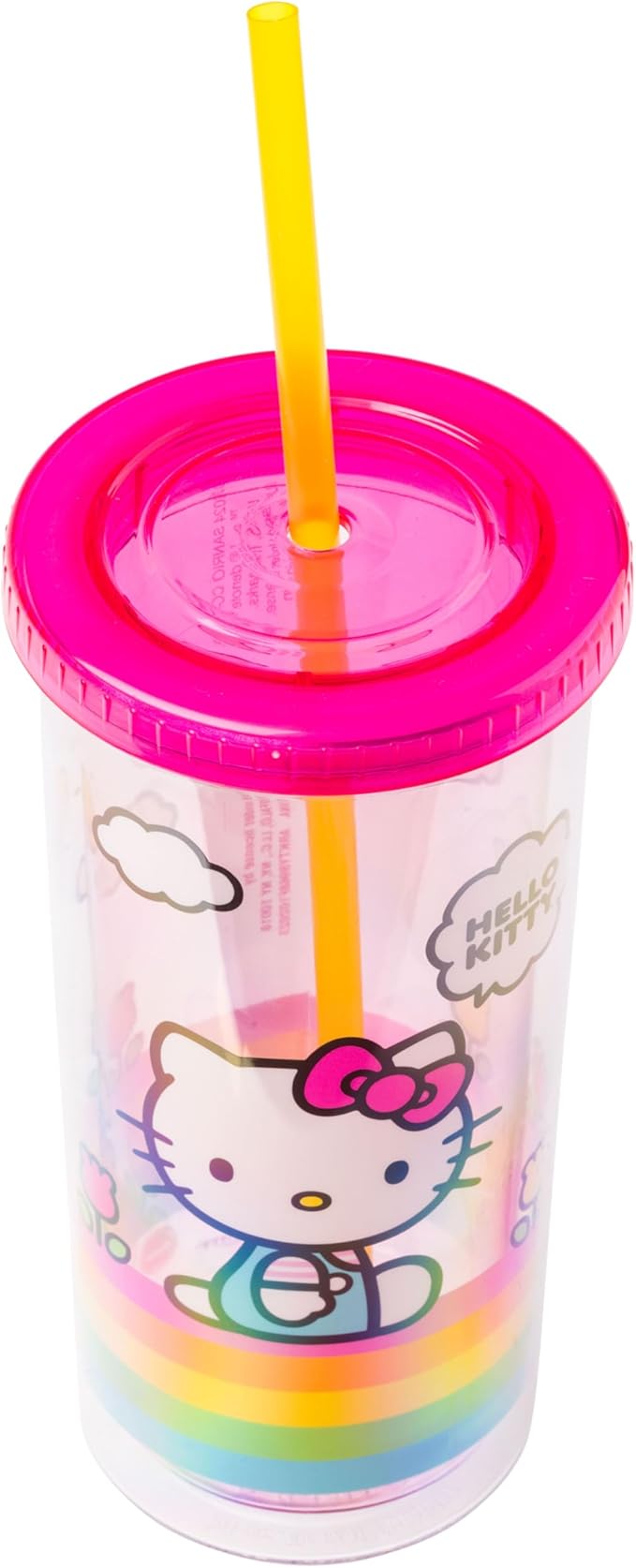 Silver Buffalo Sanrio Hello Kitty Spring and Summer Flowers Rainbow Stripes Plastic Cold Cup with Lid and Straw, 20 Ounces