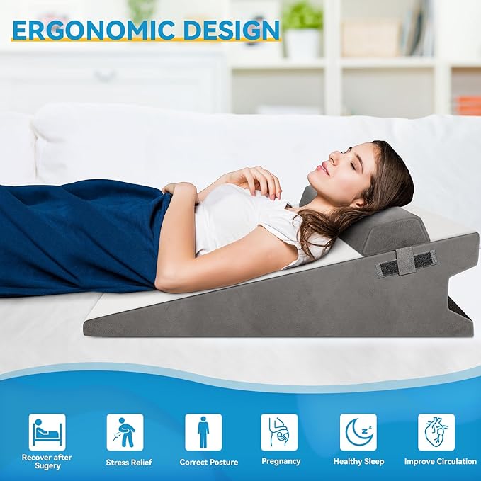 CloudBliss 12 inches Bed Wedge Pillow with Memory Foam for Sleeping After Gerd Acid Reflux, Surgery, Relief Back Pain, Adjustable and Breathable Pillow with Washable Cover for Surgery Recovery, Gray