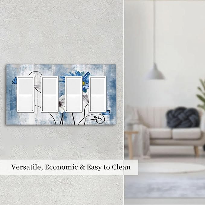 Rustic Teal Blue Daisy Floral 4 Gang Rocker Decora Light Switch Cover Outlet Covers Wall Plate Decorative Switchplate Electrical Faceplate GFCI for Country Bathroom Bedroom Kitchen Decor