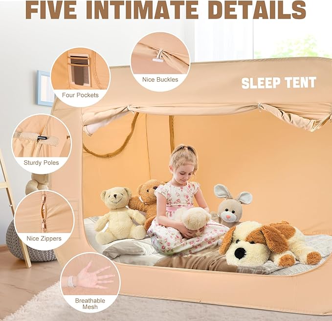 BORNA Bed Canopy Bed Tent Dream Tents Autism Shelter Cabin Indoor Sleeping Tents Privacy Warm Breathable Pop Up Twin Size Double Door with Mosquito Mesh Window for Kids and Adult (Khaki)