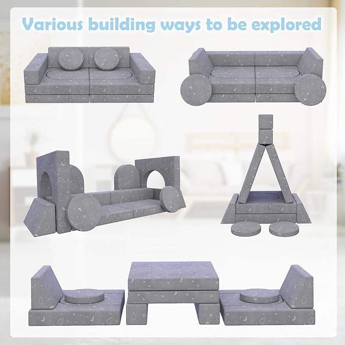Kids Couch, 12PCS Modular Kids Play Couch with Blanket, Kids Sofa Couch with Glow Effects for Playroom & Indoor, Convertible Toddler Couch for Girls and Boys
