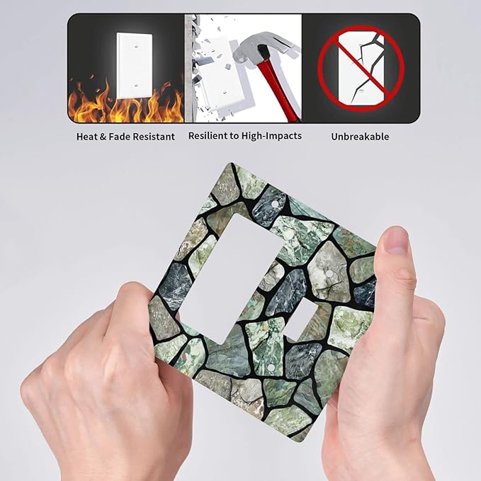 Green Stone Texture Combo Single Toggle 1 Rocker Light Switch Wall Plate Cover Decorative 2-Gang for Electrical Outlets Room Bathroom Bedroom Home Kitchen One Decora Receptacle 4.5" x 4.6"
