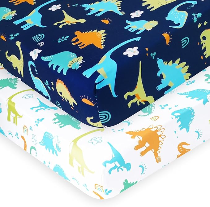 PHF Soft Crib Sheet Fitted, 2 Pack Baby Sheets for Boys Girls, 28x52x9in Fits Standard Crib and Toddler Mattresses, Silky Comfy Breathable Polyester Baby Mattress Sheets, Dinosaur